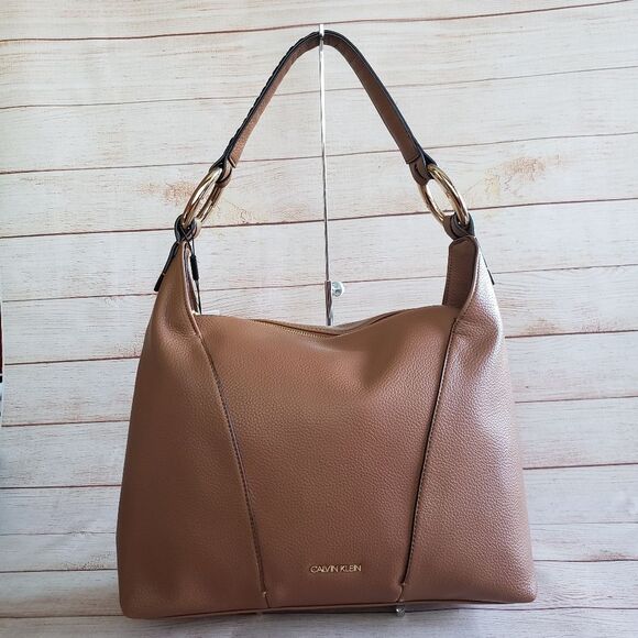 Calvin Klein Pebbled Faux Vegan Leather Ivy Novelty Hobo Satchel Caramel - Picture 1 of 14